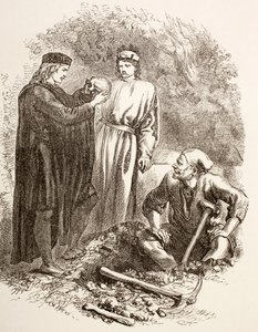 Hamlet Yorick koponyáját tartja, az V. felvonás illusztrációja, a Hamlet I. jelenete a „The Illustrated Library Shakespeare”-ből, 1890 Londonban. alkotó: English School