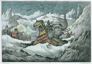 Hannibál (i. e. 247-kb. 183) és harci elefántjai átkelnek az Alpokon (későbbi színezés)