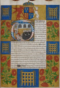 Harley 1498, f.1 VII. Henrik bemutatja a nyilatkozatot John Islipnek, a Westminster Abbey apátjának, Indentures of Westminster Abbey (vellum) alkotó: English School