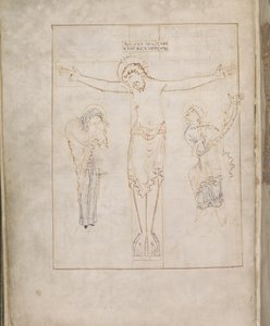 Harley 2904, f.3v, A keresztre feszítés; a Szűzanyával és Szent Jánossal, aki egy tekercsbe írja tanúságtételét, a Ramsey Zsoltárból, 900-1000 körül (vellum) alkotó: English School
