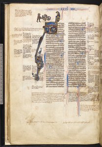 Harley 3487, f.22v Történeti „S” kezdőbetűvel, egy férfival, aki könyvet olvas és az ég felé mutat, a margón pedig egy férfi, aki egy meztelen férfit tol a kocsin, egy madárral, egy férfi baltával és egy sárkány és emberi fej betűformában, a bú elején alkotó: English School