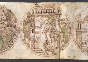 Harley Roll Y 6, Roundel 9, Roundel of St Guthlac ("Guthlacus" felirattal) megkorbácsolja a vadállati démonokat, akik megszállták a házát. a „Guthlac életéből” (a alkotó: English School