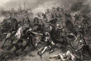 Havelock oszlopának támadása a lázadók ellen Cawnpore előtt 1857-ben, az 1858-ban kiadott "Az indiai lázadás története" című könyvből. alkotó: English School