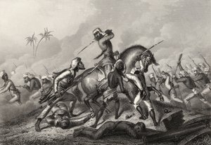 Havelockok oszlopának támadása a lázadók ellen Cawnpore előtt, az 1858-ban kiadott "Az indiai lázadás története" című könyvből. alkotó: English School