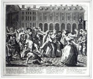 Ő és részeg társai lázadást keltenek Covent Gardenben, egy kalózsorozatból, amely Hogarth „A Rake