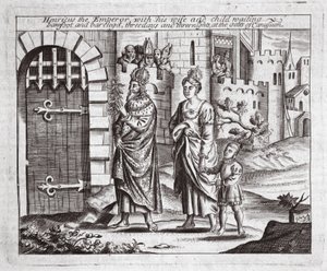 Henricus császár feleségével és gyermekével várakozva, mezítláb és mezítláb, három nap és három éjszaka Canusuam kapujában, illusztrációja John Foxe Cselekedetei és emlékművéből, kilencedik kiadás, alkotó: English School