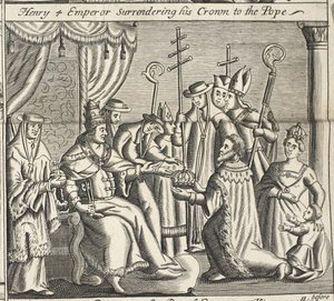 4. Henrik császár átadja koronáját a pápának, illusztráció: John Foxe: Cselekedetek és emlékművek, kilencedik kiadás, pub. 1684 alkotó: English School