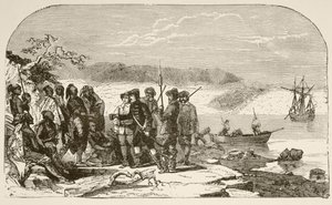 Henry Hudson italt kínál az indiánoknak 1609-ben (litho) alkotó: English School