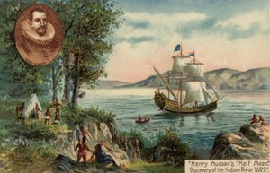 Henry Hudson hajója, a Half Moon felfedezi a Hudson folyót, Észak-Amerika alkotó: English School