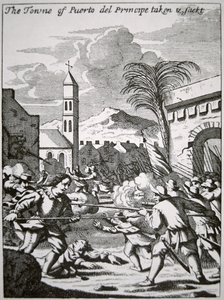 Henry Morgan elfoglalja és kifosztja Puerto de Principe városát, 1668-ban, John Esquemeling 1699-ben megjelent „Amerika buccaneersei” illusztrációja (metszet) alkotó: English School