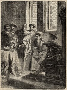 Henrik VIII. és tanácsa, amely elrendelte a Biblia angolra fordítását - 1538 -, Cassell Petter & Galpin „Anglia története” című metszete alkotó: English School