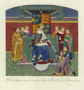 VI. Henrik angol király kardot ajándékoz John Talbotnak, Shrewsbury grófjának, 15. század alkotó: English School