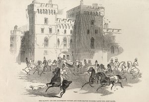 Őfelsége és illusztris látogatói, valamint lakosztálya elhagyja a Windsori kastélyt az Ascot Races-re, a „The Illustrated London News”-ból, 1845. június 14. alkotó: English School
