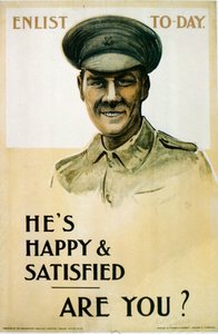 Hes Happy & Satisfied – Are You?, brit első világháborús toborzási plakát, 1914-1818