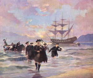 Új-Skóciai Pictou-ba érkező felföldi telepesek a "Hector"-ról, 1773 (színes litográfia) alkotó: English School