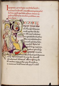 Történelmi kezdetű „R” (egnante) Krisztussal és egy sárkánnyal, a Textus Roffensisből, 1719 előtt (fakszimile pergamenre) alkotó: English School