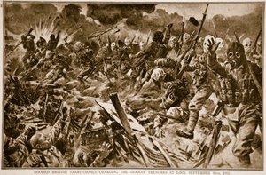 Csuklyás brit területek a német lövészárkokat töltik Loosnál, 1915. szeptember 25., 1914-1919 alkotó: English School