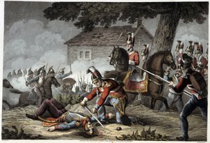 Lovasgárda a waterlooi csatatéren Edward Orme "Történelmi, katonai és haditengerészeti anekdoták és események, amelyek a brit hadseregekhez és szövetségeseikhez érkeztek, és Waterloónál végződtek" című könyvében. Ill. szerzők: Fry, Sutherland, Clark, Dubou alkotó: English School