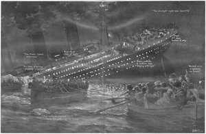 Hogyan süllyedt el a Titanic az íjról a végsőkig lángoló fényekkel, a gömbből, 1912. április 27. alkotó: English School