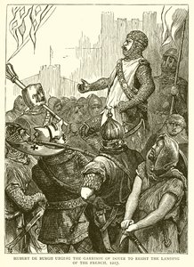 Hubert de Burgh felszólítja a doveri helyőrséget, hogy álljon ellen a franciák partraszállásának, 1217 alkotó: English School