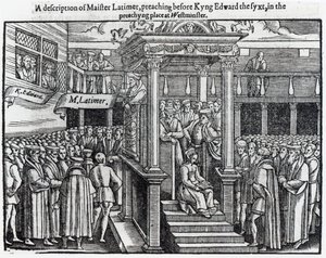 Hugh Latimer (kb. 1485-1555) prédikált VI. Edward király (1537-53) előtt Westminsterben 1547-ben, John Foxe (1516-87) „Cselekedetei és emlékművei” című könyvéből, 1563 alkotó: English School