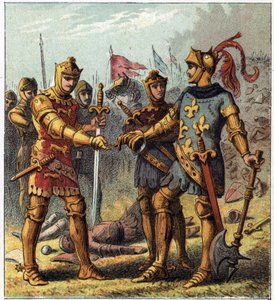 Százéves háború: Poitiers-i csata (1356). II. Jó János francia király (1319-1364) elismerte vereségét, és az angol Edward Plantagenethez ment (Edward of Woodstock Brackembury alkotó: English School