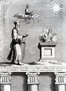 Illusztráció Zoroasterről, aki a tüzet és a napot imádja, 1697 alkotó: English School