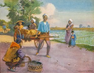 Távol Japánban, a rizsföldekről visszatérve (színes litográfia) alkotó: English School