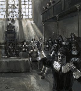 A parlamentben Oliver Cromwell a "szegény közemberek" nevében szólalt fel nyers, egyenes beszédekkel. alkotó: English School