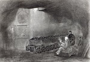 A szénbányában, Illusztráció W. Fordyce 1860-ban megjelent „A szén, a koksz, a szénmezők és a vasgyártás története Észak-Angliában” című művéből. alkotó: English School