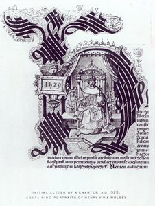 Henrik és Wolsey portréit tartalmazó oklevél kezdeti levele, 1529 alkotó: English School