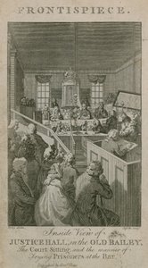 Az Old Bailey-i Justice Hall belső nézete, a bírósági ülés és a foglyok tárgyalásának módja a bárban alkotó: English School