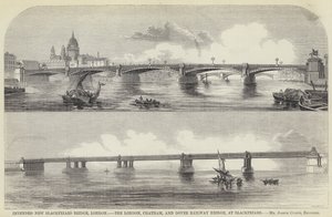 Tervezett New Blackfriars Bridge, London, a London, Chatham és Dover Railway Bridge, Blackfriarsnél (metszet) alkotó: English School