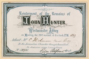 Meghívó John Hunters földi maradványaira a londoni Westminster Abbeyben, 1859. március 28. alkotó: English School