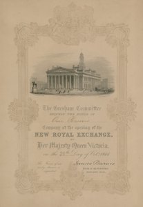Viktória királynő 1844. október 28-i meghívója az új londoni királyi tőzsde megnyitójára alkotó: English School