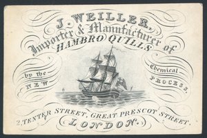 J Weiller, a Hambro Quills importőre és gyártója, 2 Tenter Street, kereskedelmi kártya alkotó: English School