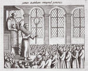 James Bainham bűnbánatot élvezett, illusztrációja John Foxe Cselekedetei és emlékművéből, kilencedik kiadás, kocsma. 1684 alkotó: English School