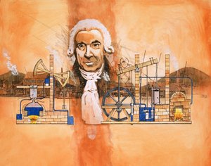 James Watt kemencékkel és mechanikus szivattyúkkal a háttérben alkotó: English School