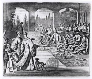 Jezsuiták holland és portugál kereskedőkkel a japán császár udvarában, illusztrációja Arnold Montanus emlékezetes követségéből a japán császárhoz, Londonban, 1670. alkotó: English School