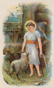 Jézus az ácsműhelyben (színes litográfia) alkotó: English School