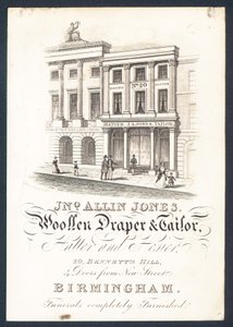 John Allin Jones, gyapjúszövet és szabó, kalapos és harisnya, kereskedelmi kártya alkotó: English School