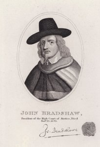John Bradshaw angol bíró, aki a Legfelsőbb Bíróság elnöke volt I. Károly király 1649-es perében (metszet) alkotó: English School