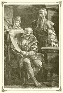 Gutenberg János az első nyomtatott könyv egy részét mutatja Faustnak alkotó: English School