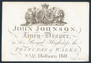 John Johnson, vászon drapéria, kereskedelmi kártya alkotó: English School