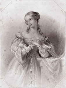 Juliette (Rómeó és Júlia - Rómeó és Júlia) a - "" Galerie des femmes de Shakespeare-ben, London első művészeinek negyvenöt komoly portréjának gyűjteménye, kritikai és irodalmi megjegyzésekkel gazdagítva""" 1838 körül - a "" Galériából a nők o alkotó: English School