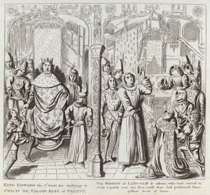 3. Edward király küldi Kihívását Philip de Valois francia királynak, Lincoln püspökének és másoknak, akik megfogadták, hogy foltot viselnek az egyik szemen, amíg el nem hajtják az A gallunt tettét. alkotó: English School