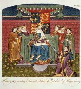 VI. Henrik király (1421-71) kardot ajándékoz John Talbotnak (kb. 1388-1453) Shrewsbury grófjának, illusztráció az Anglia népének öltözködéséről és szokásairól szóló II. kötetből, 17. alkotó: English School