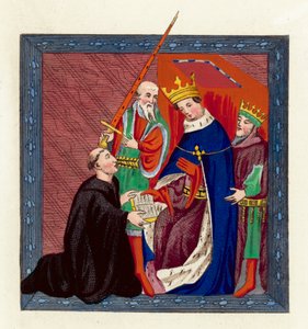 VI. Henrik király és John Lydgate (színes metszet) alkotó: English School