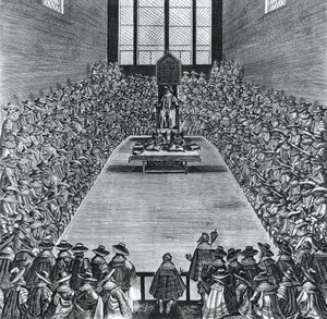 I. Jakab király (1566-1625) a Parlamentben, 1624-ben alkotó: English School