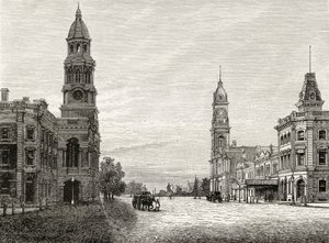 King William Street, Adelaide, 1880 körül, Howard Willoughby „Australian Pictures” című művéből, a Religious Tract Society, London, 1886 alkotó: English School